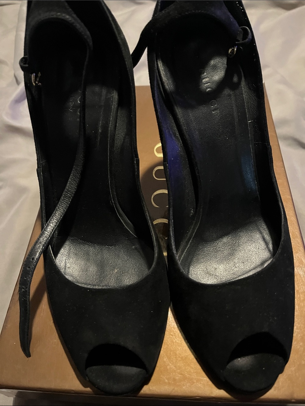 Gucci Black Suede Peep-Toe Ankle-Strap Heels
